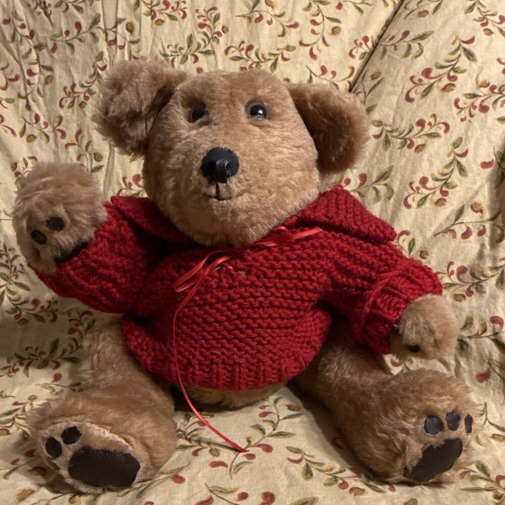 OOAK Brown Plush Teddy Bear w/ Red Knit Sweater & Ribbon, Black Eyes 11 in